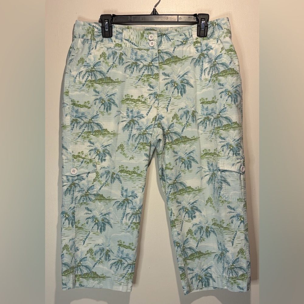 L.L. Bean Wide Leg Tropical Beach Print 100% Cotton Crop Cargo Pants Size 14